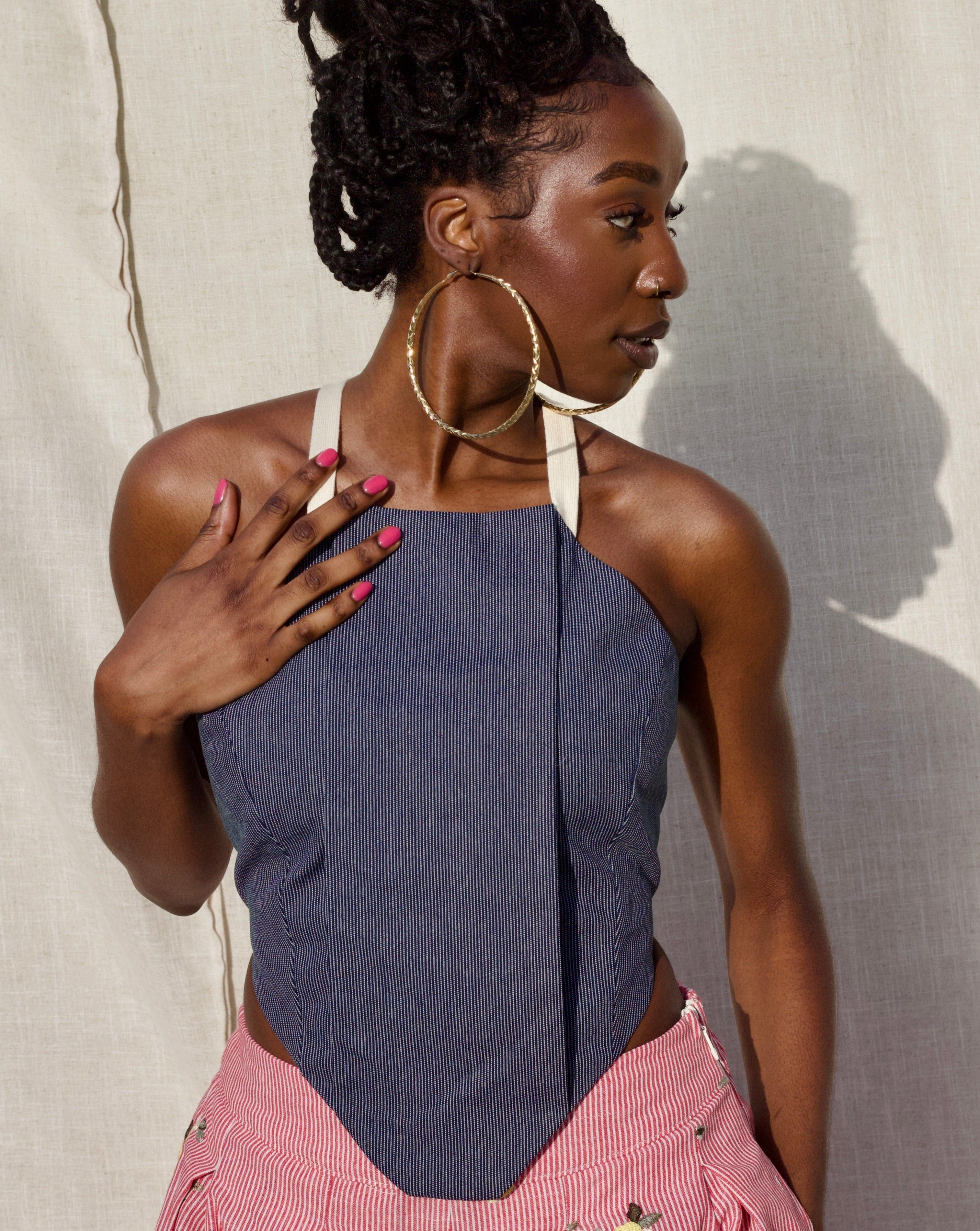 Zevelyn Jean Deonn Halter Top Deonn Halter Top Pinstripe Denim